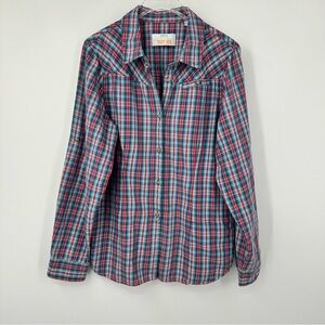 Orvis Trout Bum Plaid Button Up Long Sleeve Shirt Womens Medium Red Blue | E042